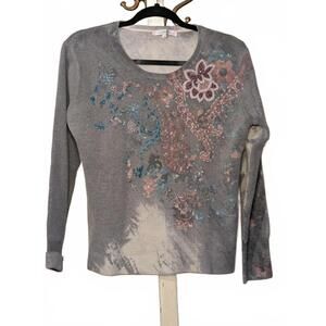 Loulou Medium Gray Embroidered Floral Sweater Cashmere Blend